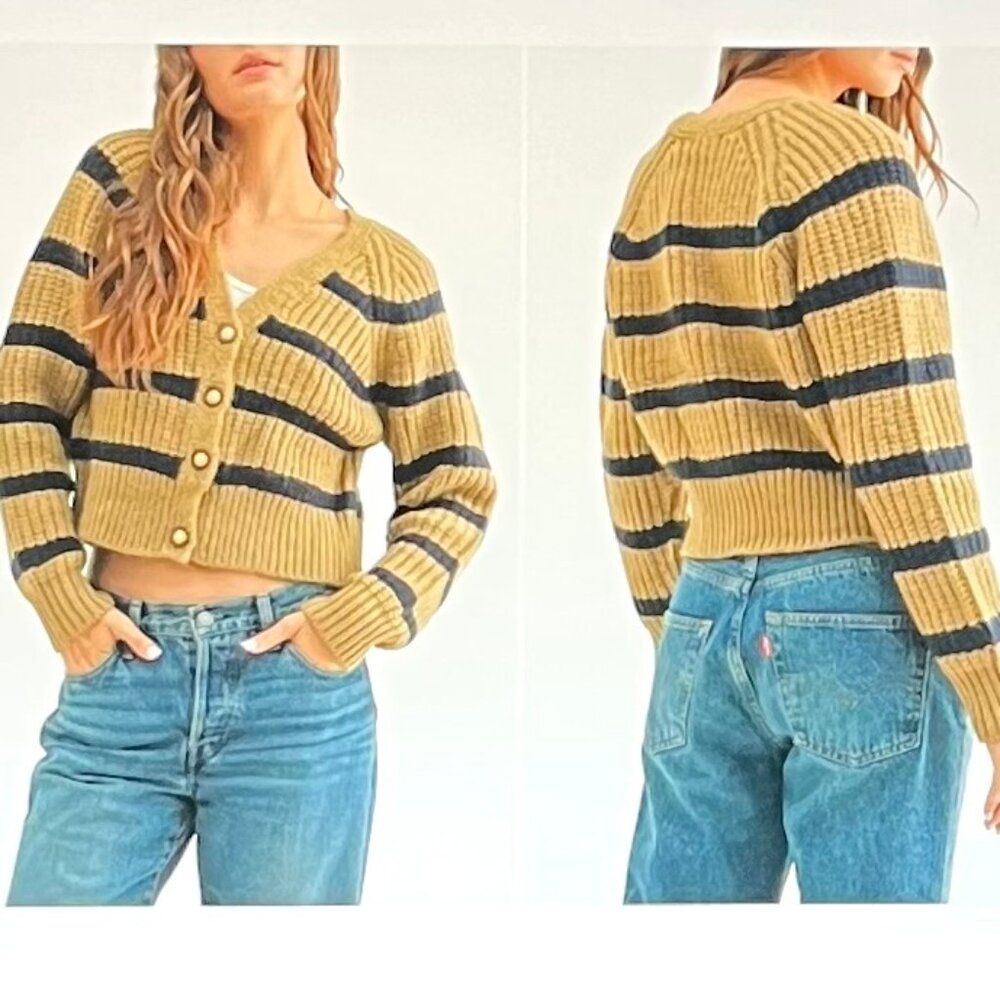 Lush Striped Cropped Cardigan Sweater in Khaki/Navy (L) New With Tag